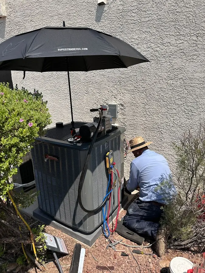 HVAC technician performing outdoor AC maintenance in Belding